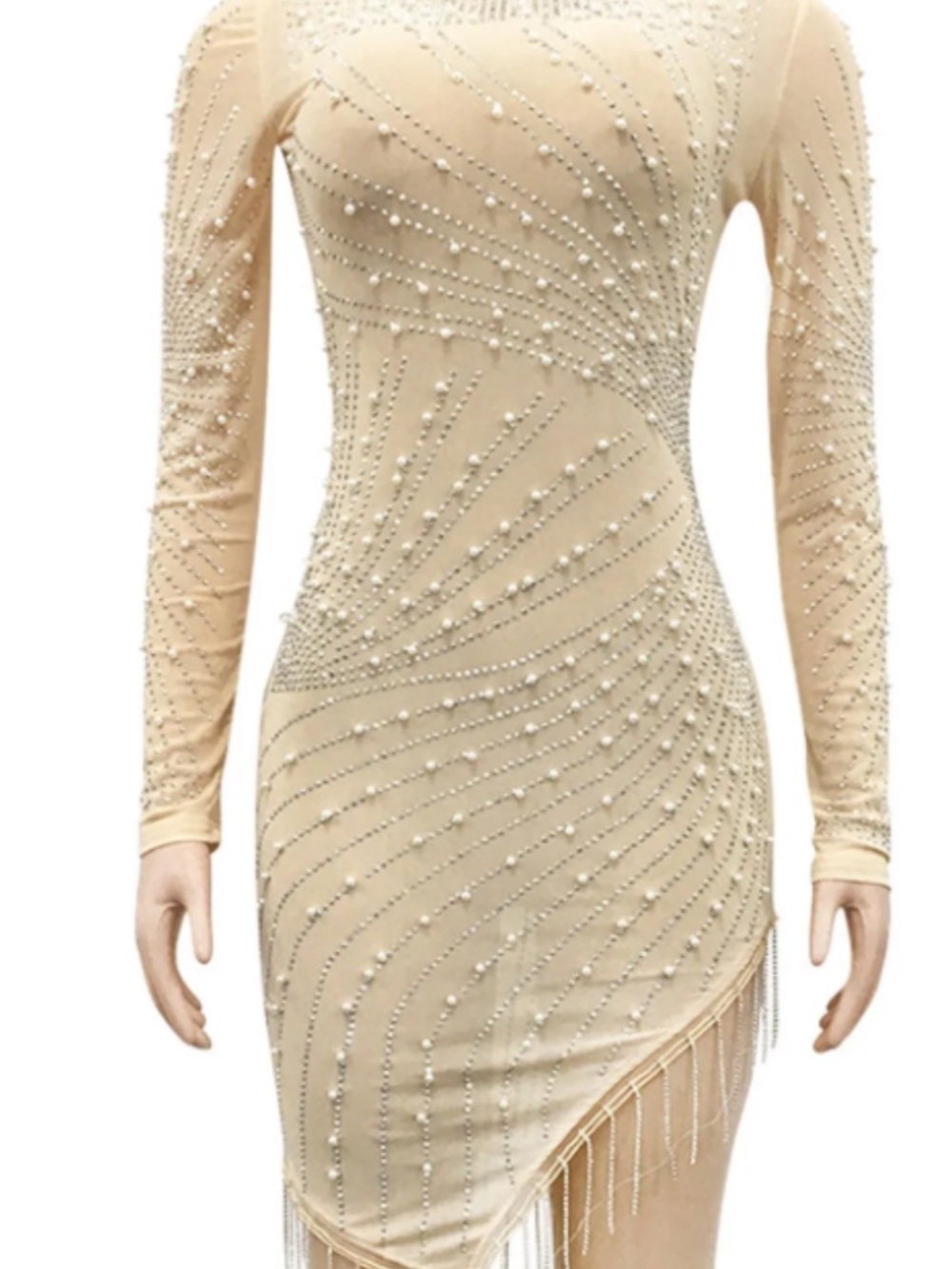 Nude Long-Sleeve Beaded Bodycon Dress with Fringe Hem. Size S